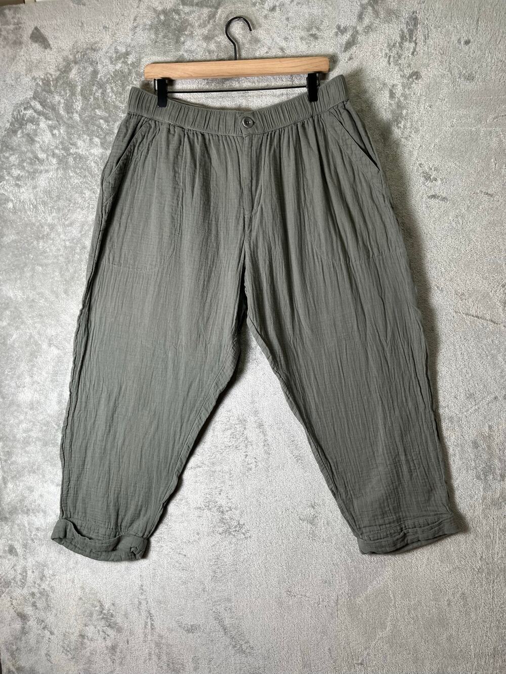 Pact Crinkle Cotton Relaxed Tapered Crop Pants Casual Minimalist Lagenlook XL